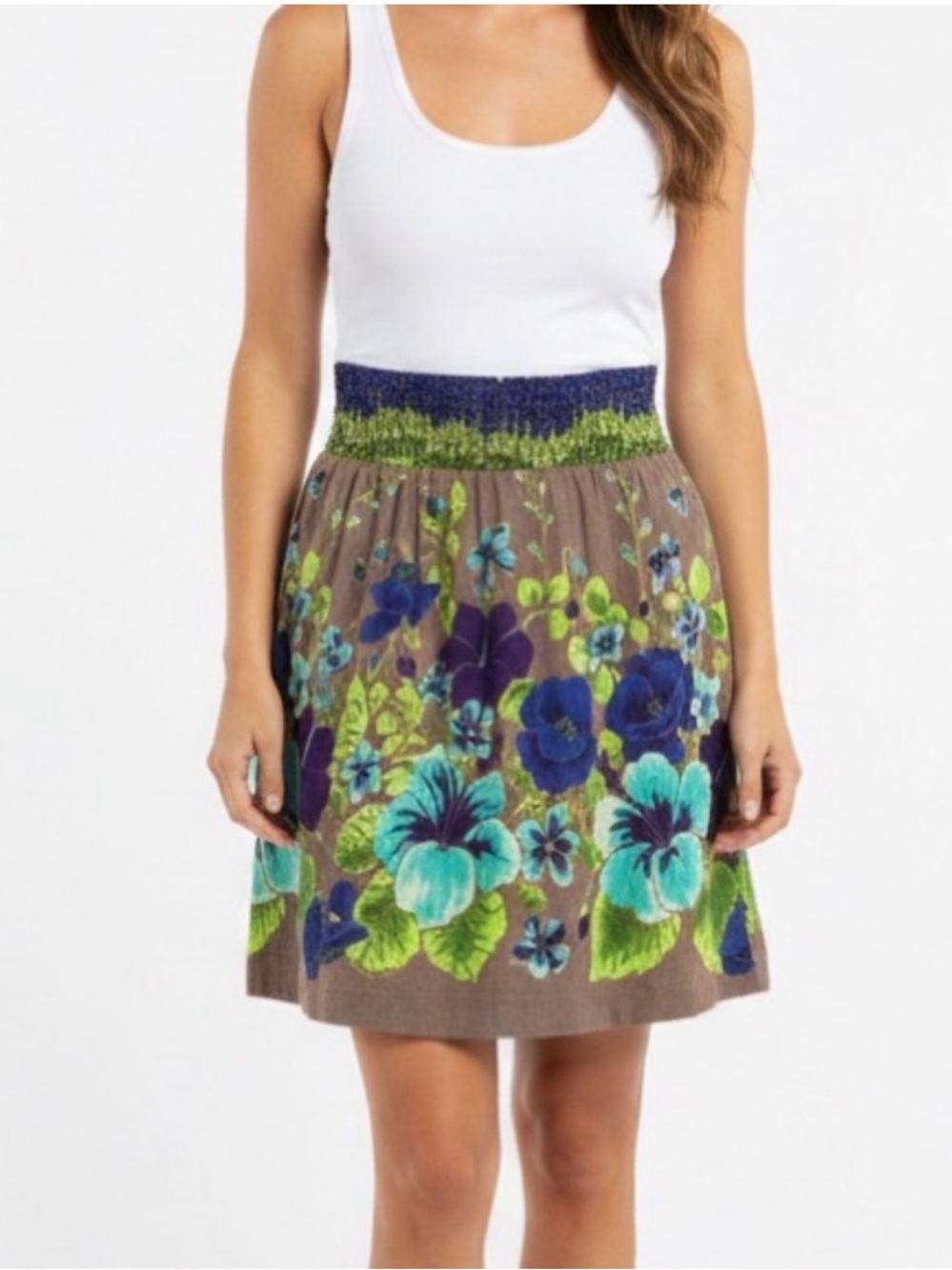 Free People Brown Mini Skirt with Blue & Green Floral Print